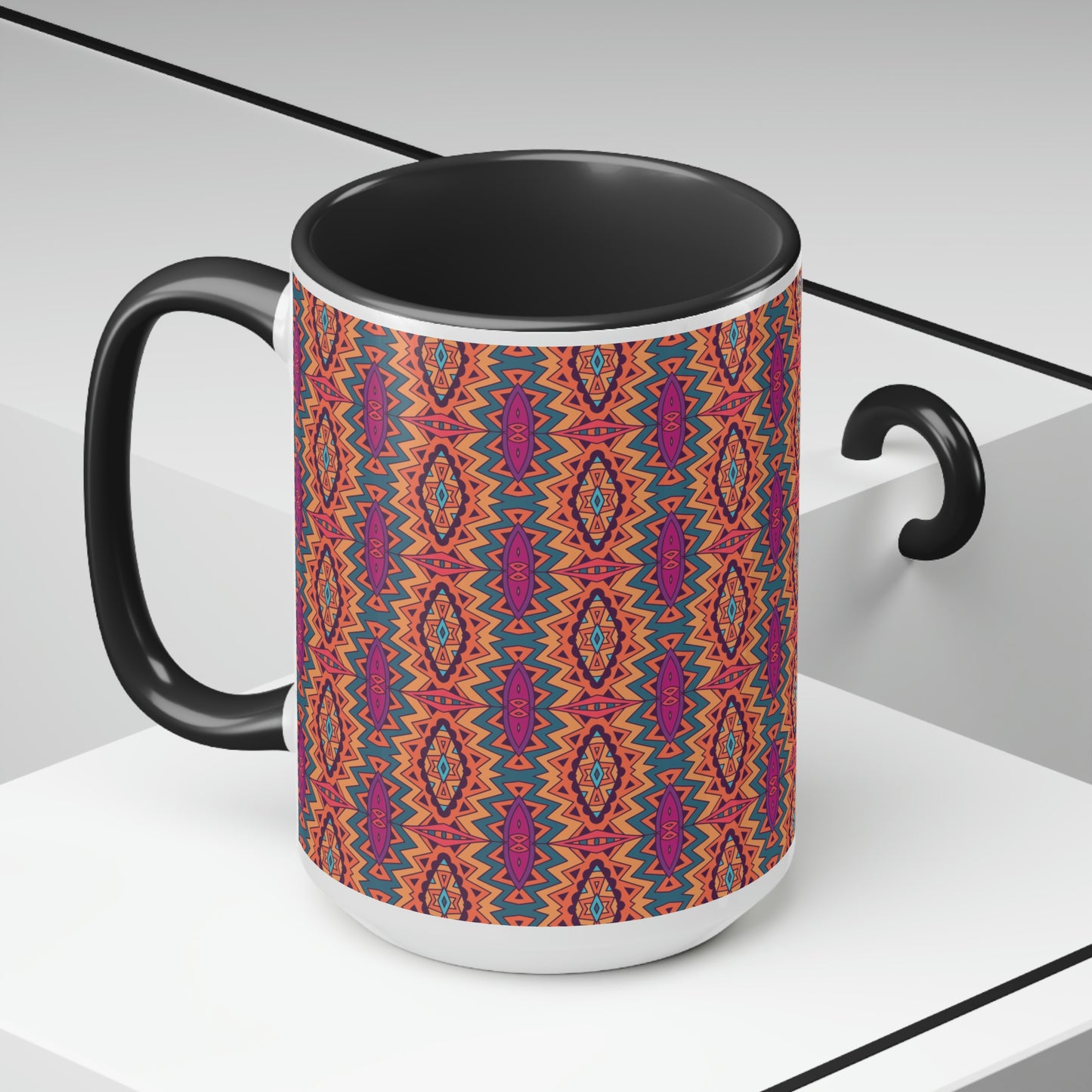 Mandala Orange Two-Tone Coffee Mugs, 15oz
