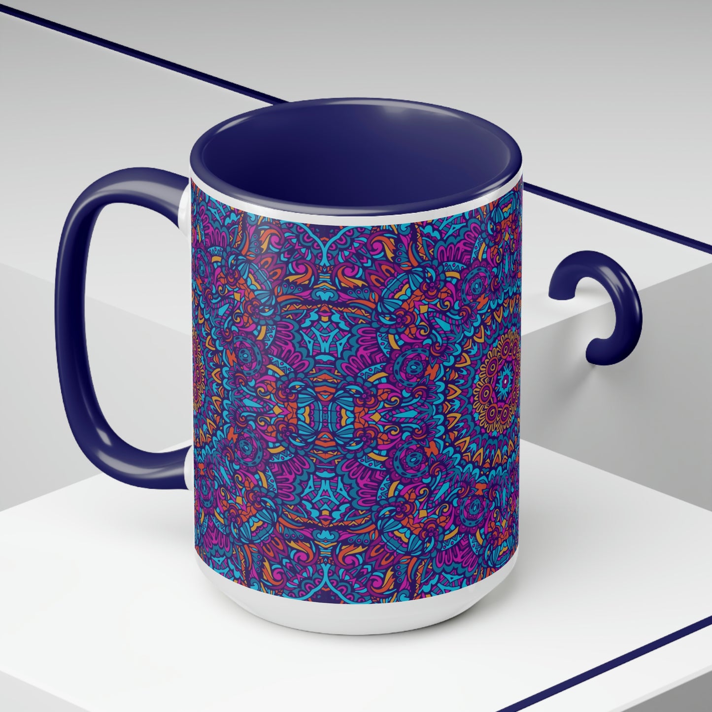 Blue Mandala Two-Tone Coffee Mugs, 15oz