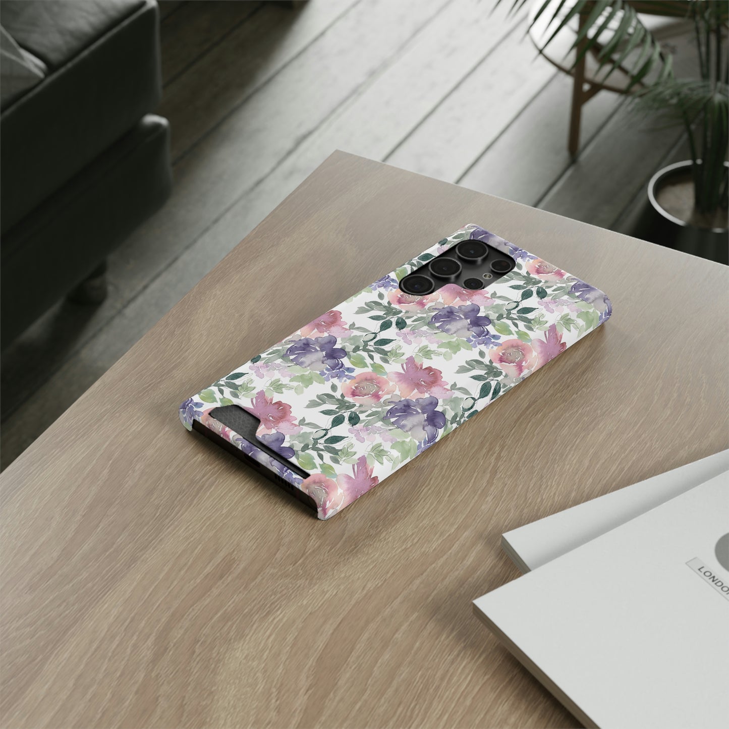 Purple Flower Phone Case With Card Holder