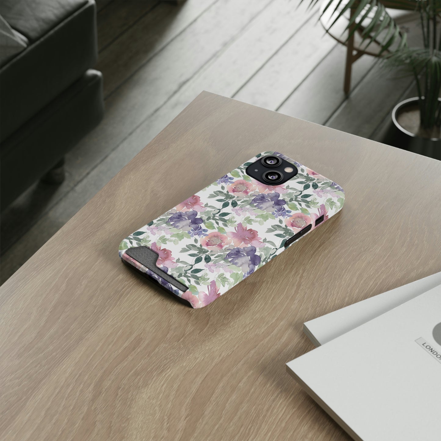 Purple Flower Phone Case With Card Holder