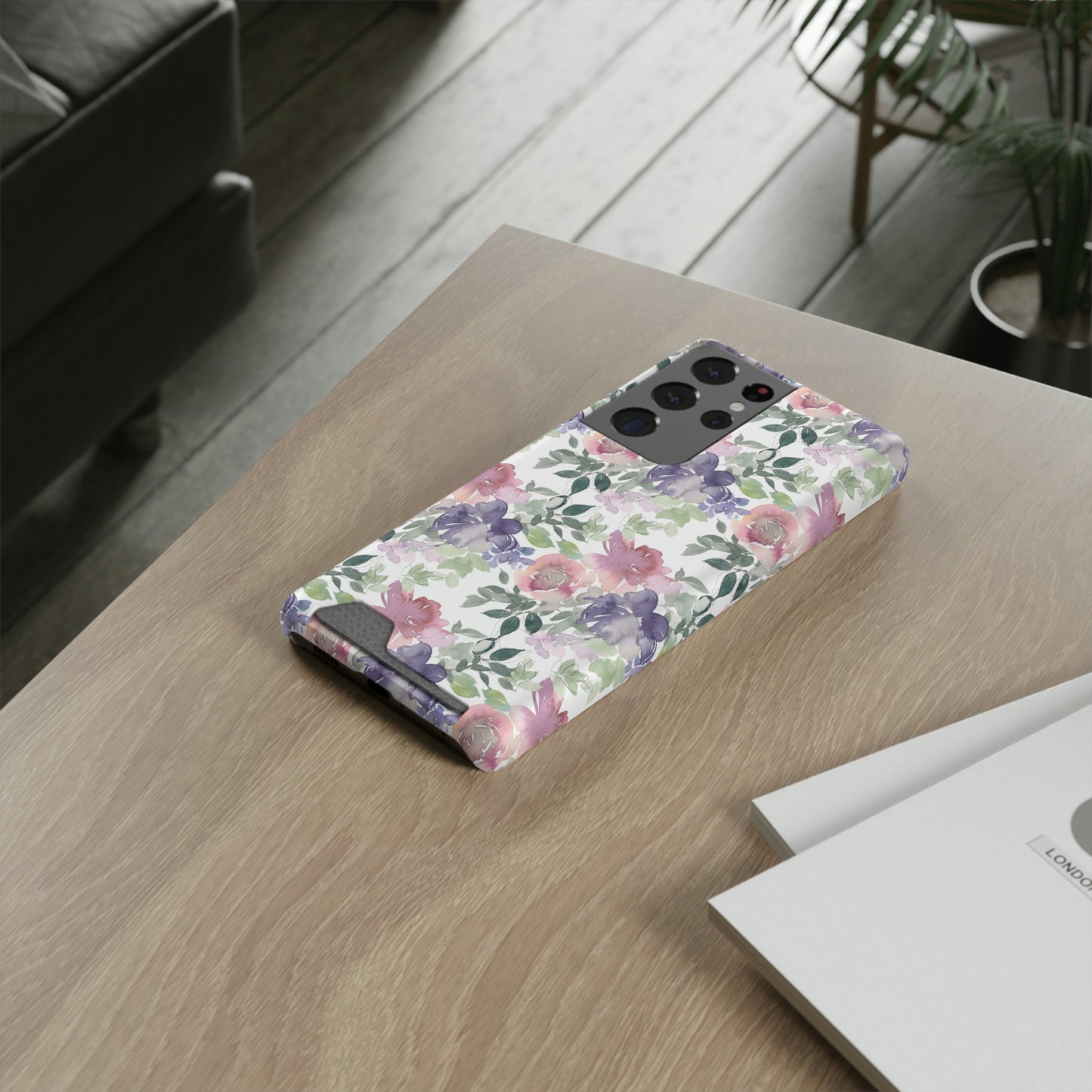 Purple Flower Phone Case With Card Holder