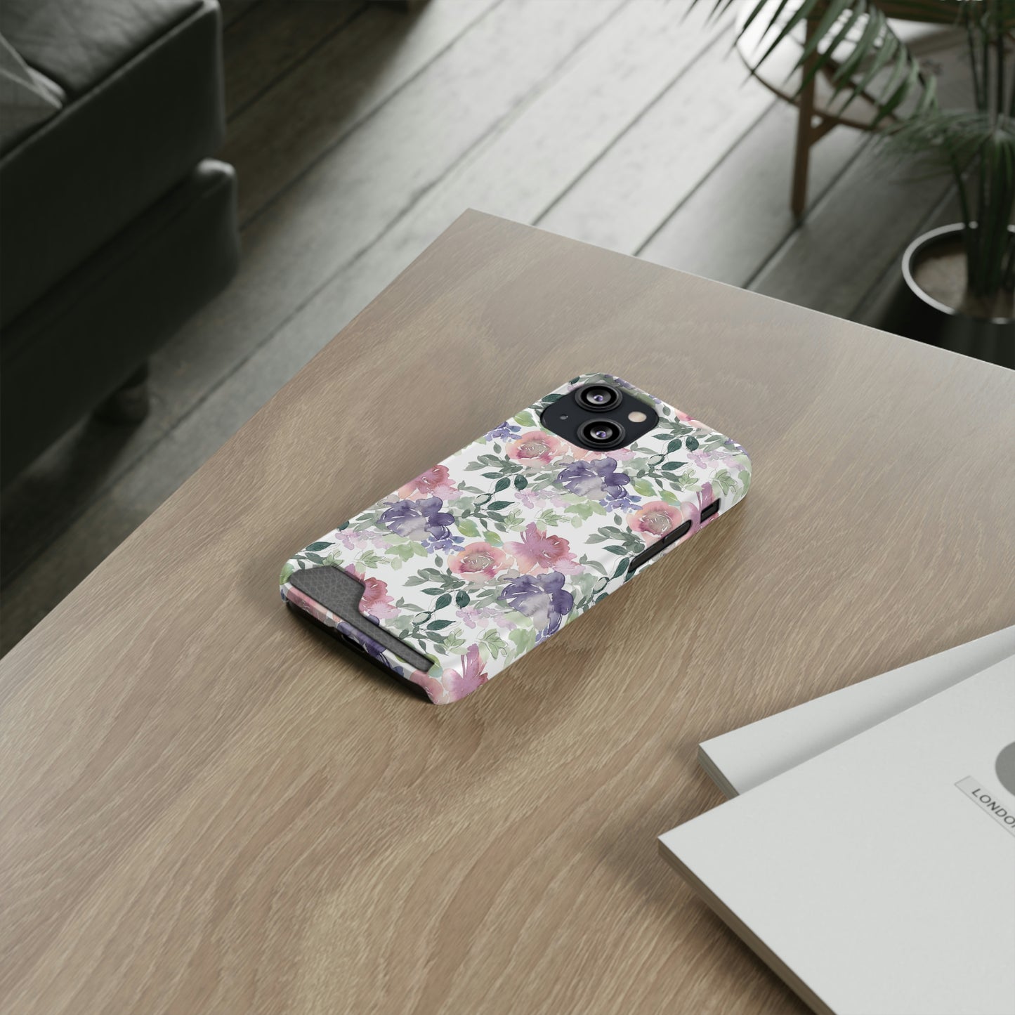 Purple Flower Phone Case With Card Holder