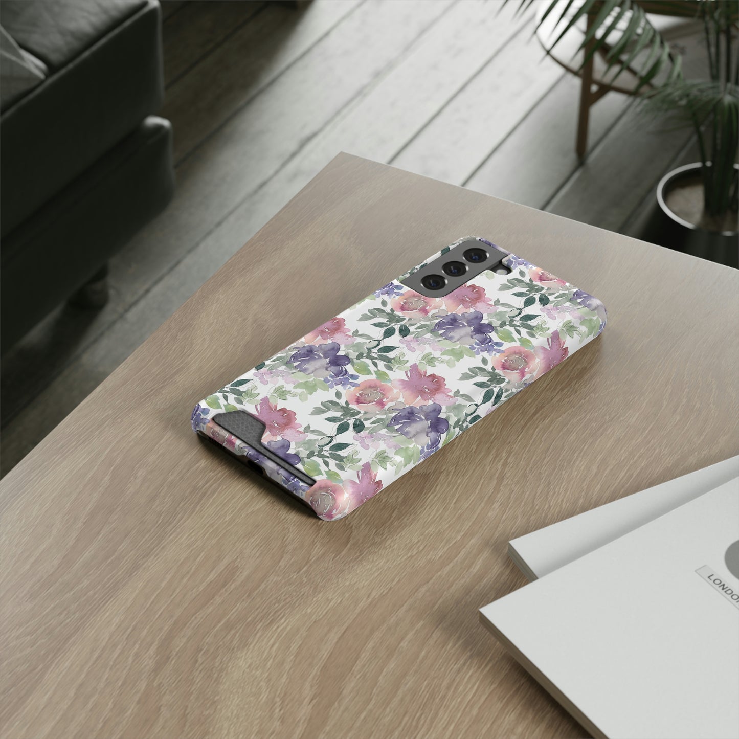 Purple Flower Phone Case With Card Holder