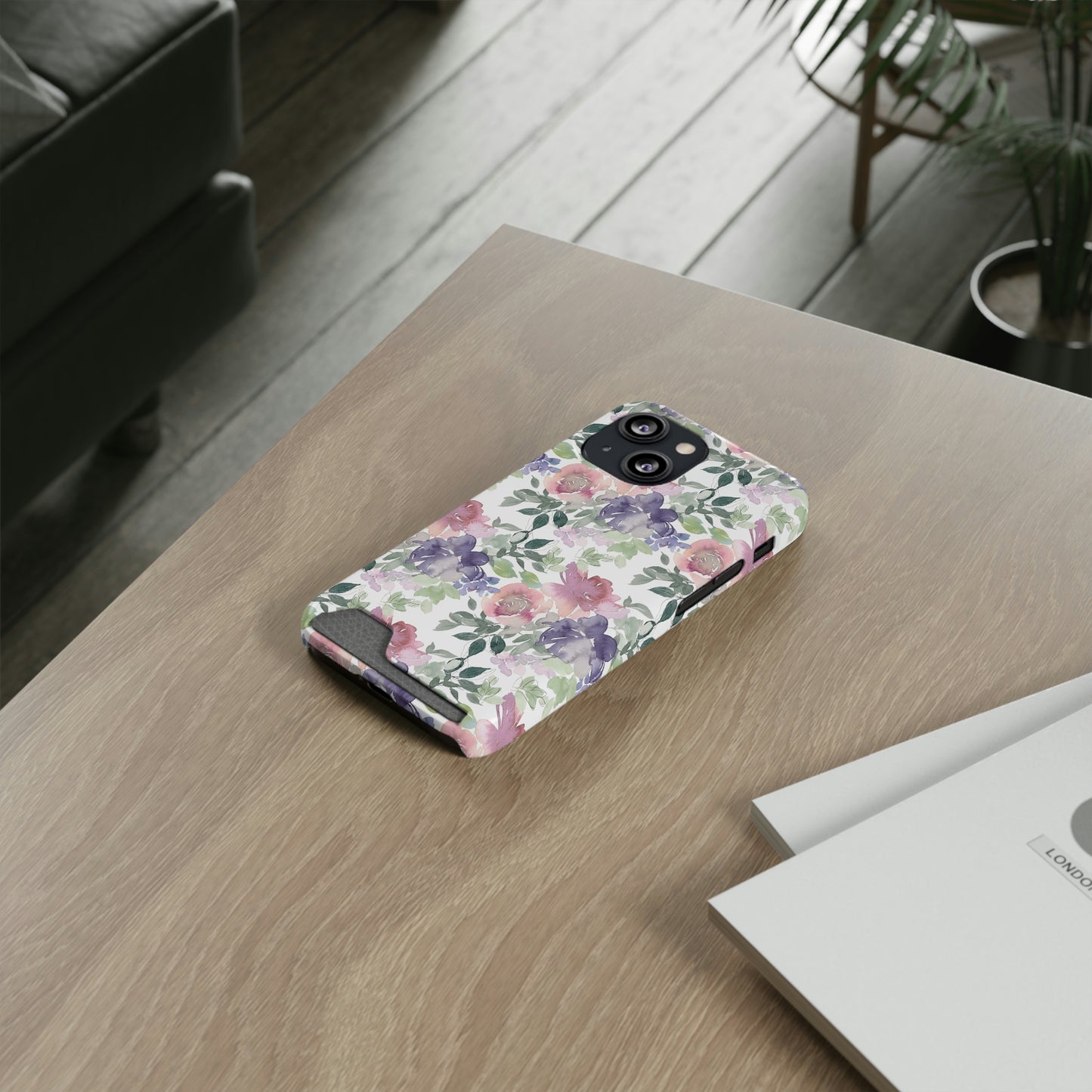 Purple Flower Phone Case With Card Holder