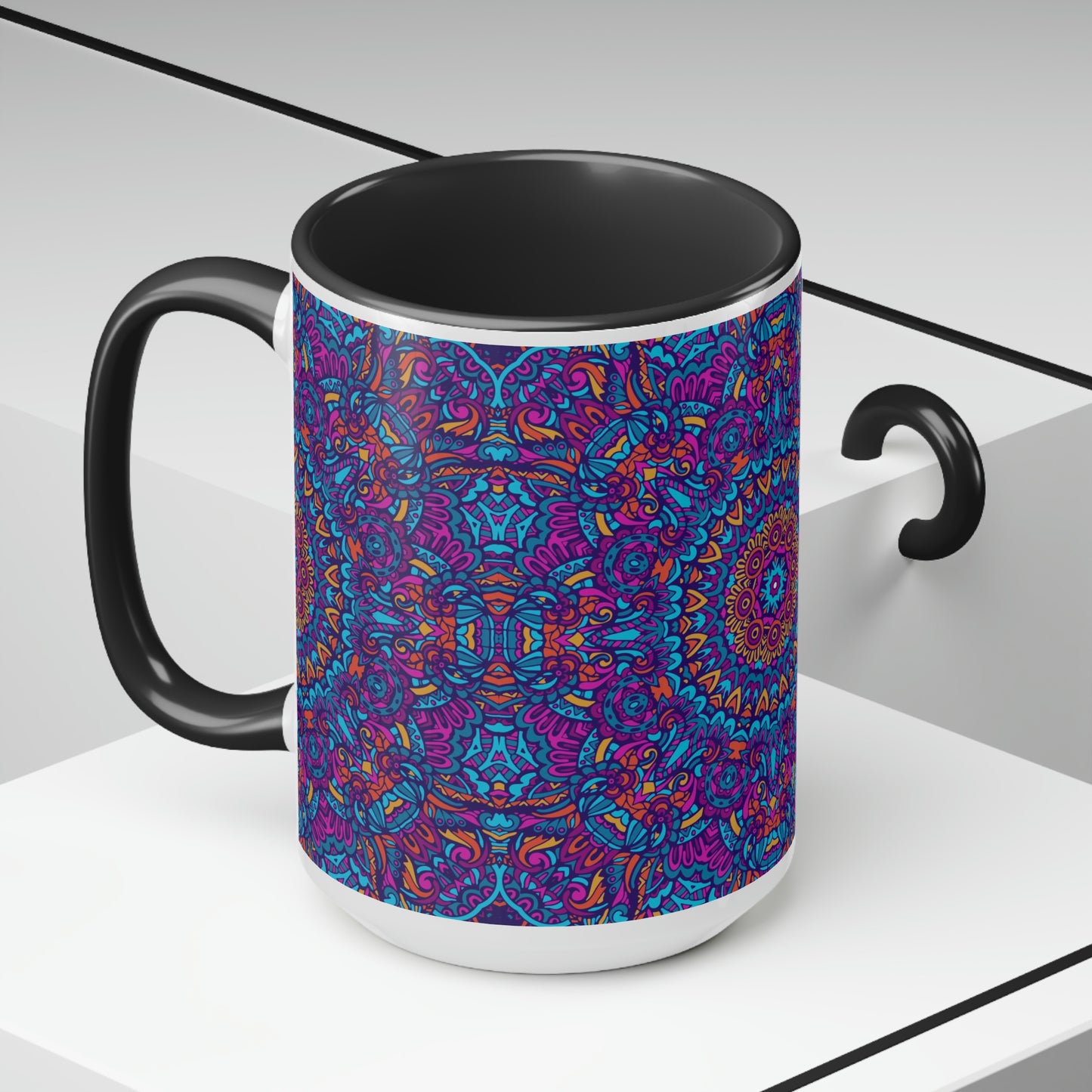 Blue Mandala Two-Tone Coffee Mugs, 15oz