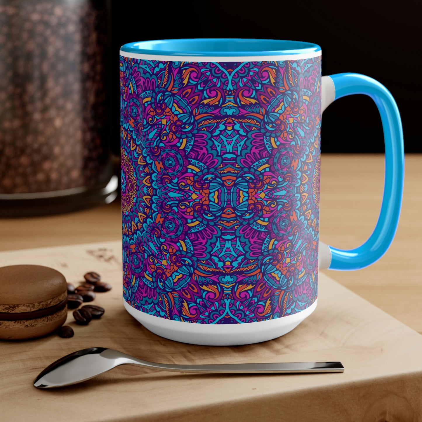 Blue Mandala Two-Tone Coffee Mugs, 15oz