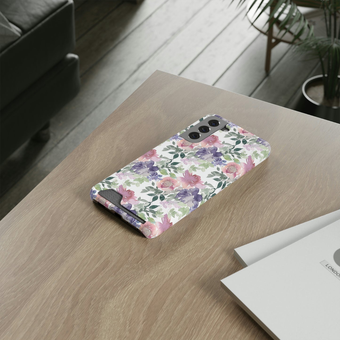 Purple Flower Phone Case With Card Holder