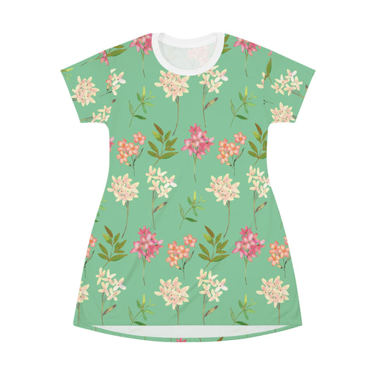 Green Flower All Over Print T-Shirt Dress