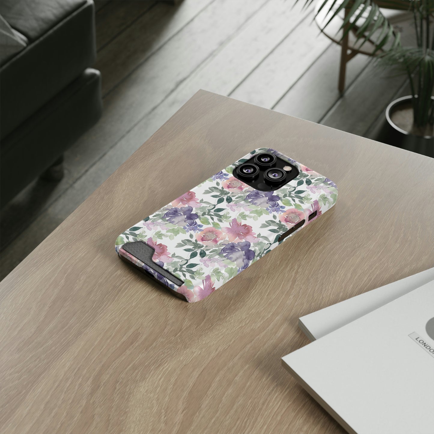 Purple Flower Phone Case With Card Holder