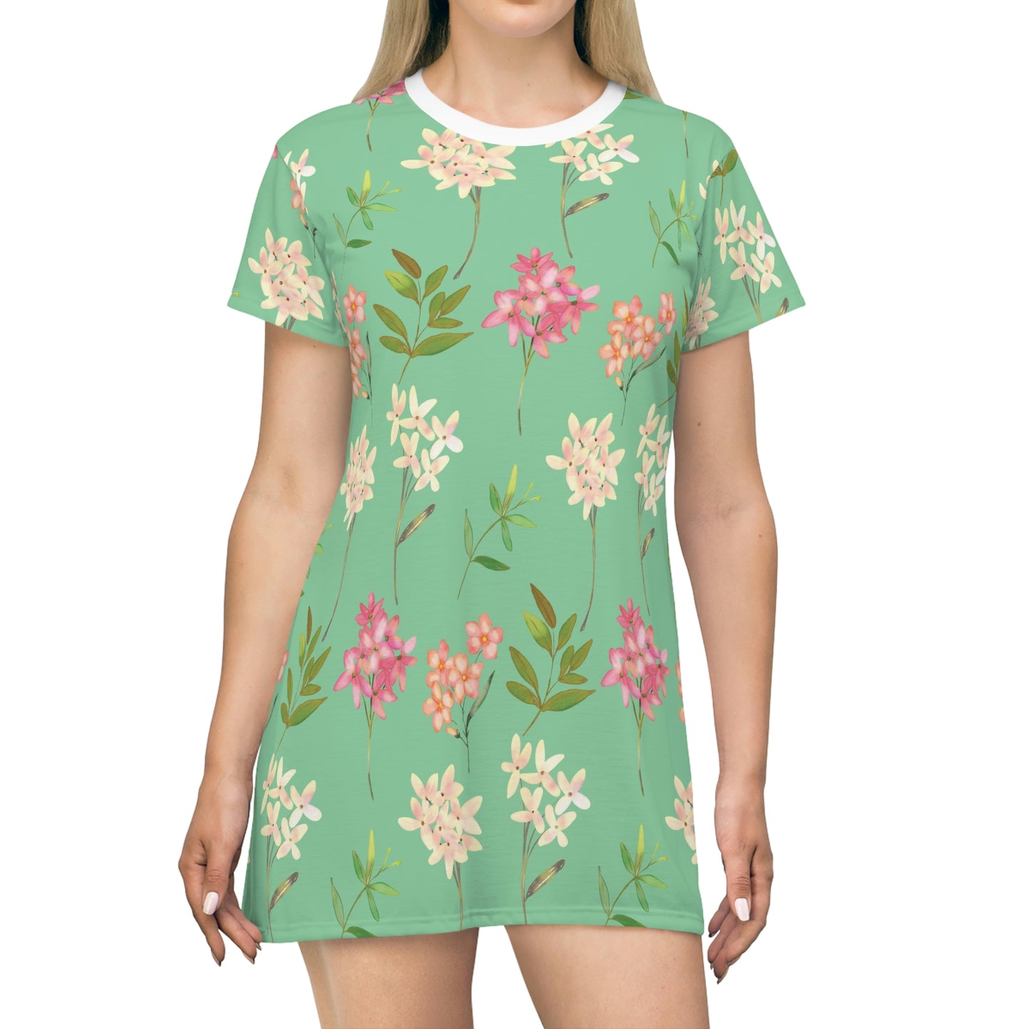 Green Flower All Over Print T-Shirt Dress