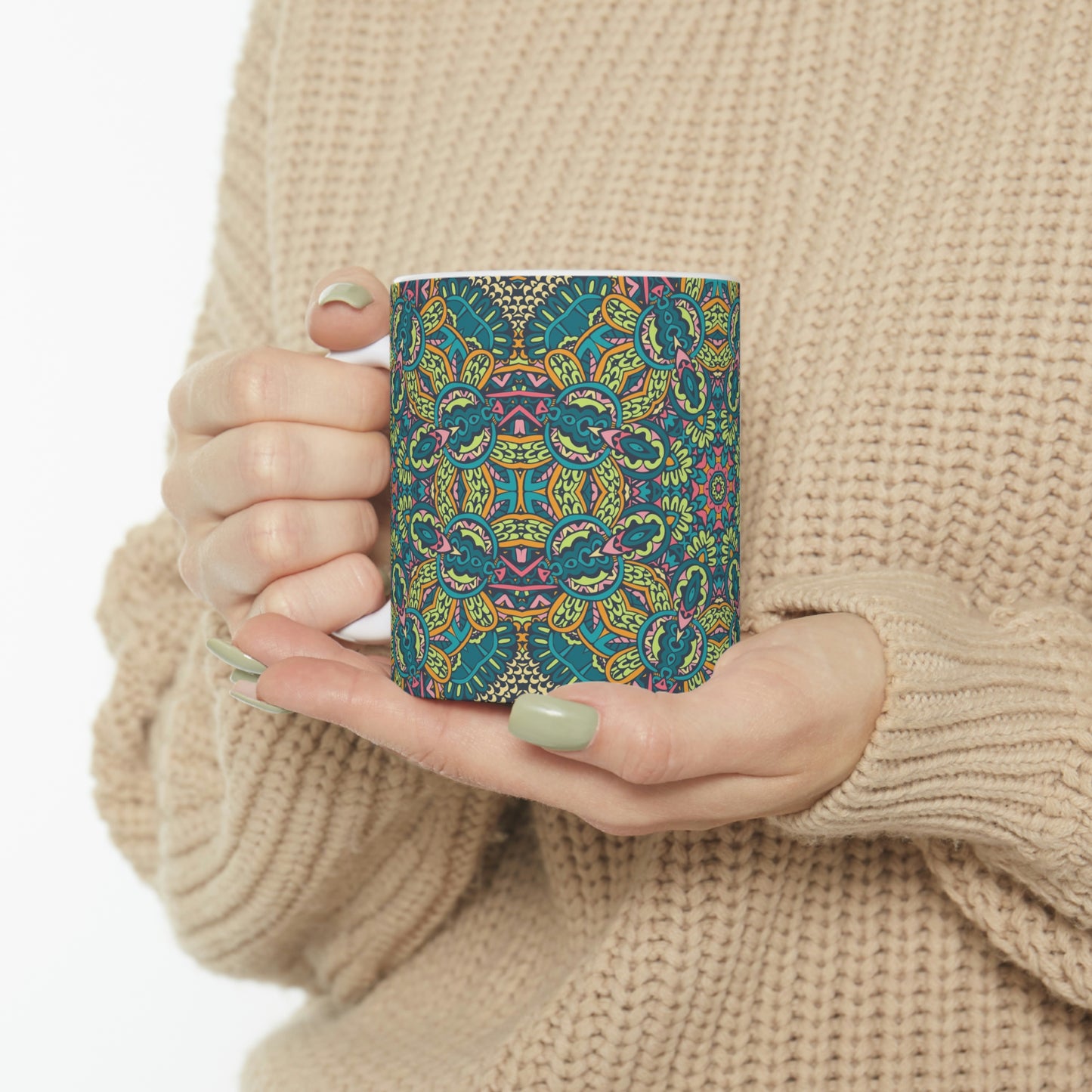 Green Mandala Ceramic Mug 11oz