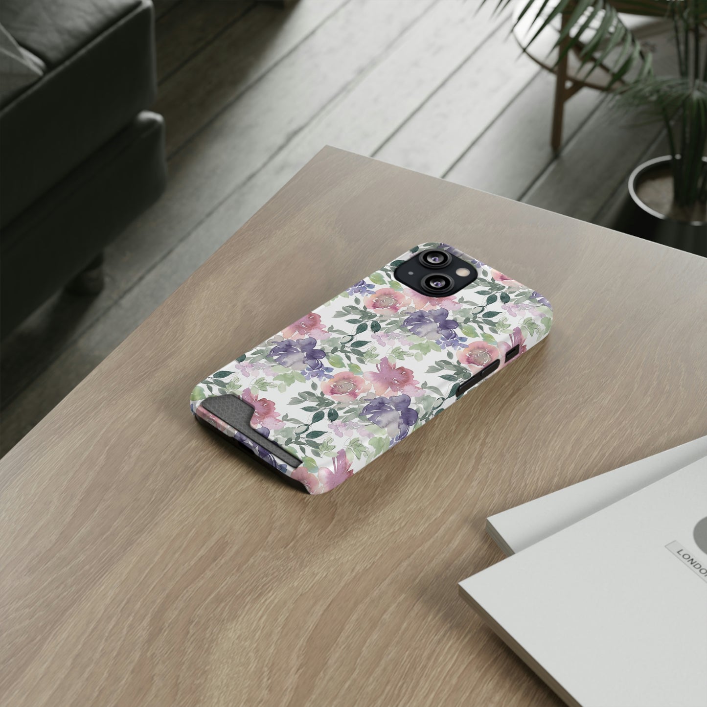 Purple Flower Phone Case With Card Holder