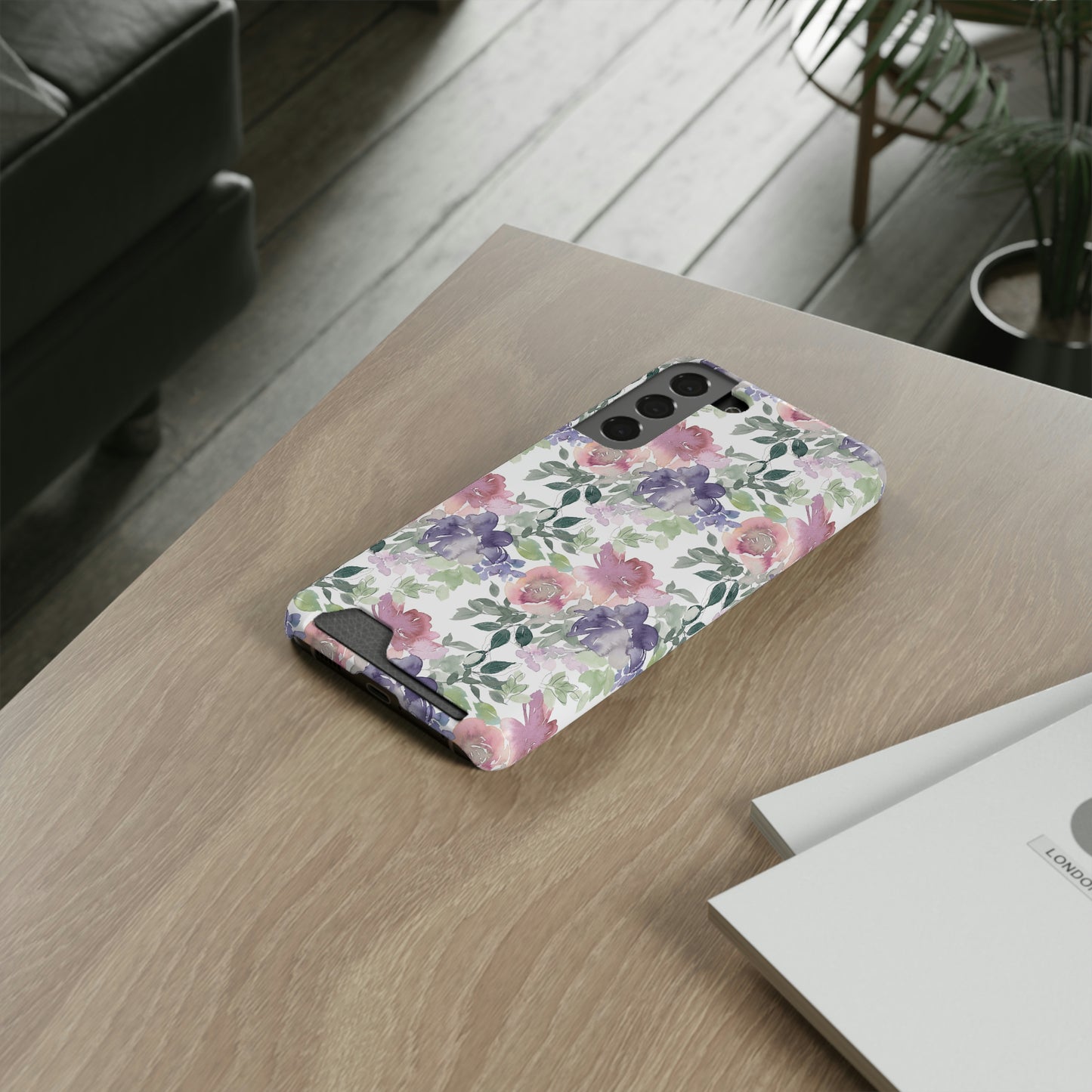 Purple Flower Phone Case With Card Holder