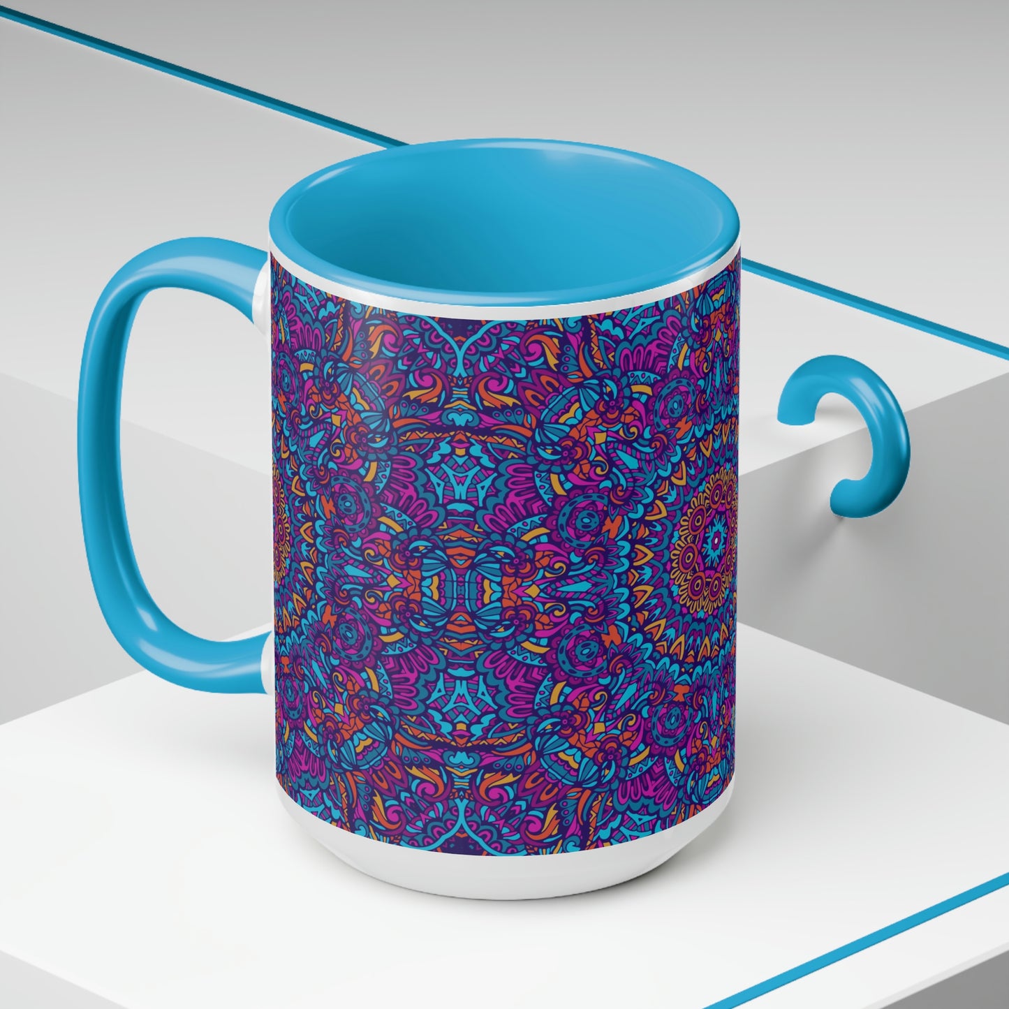 Blue Mandala Two-Tone Coffee Mugs, 15oz