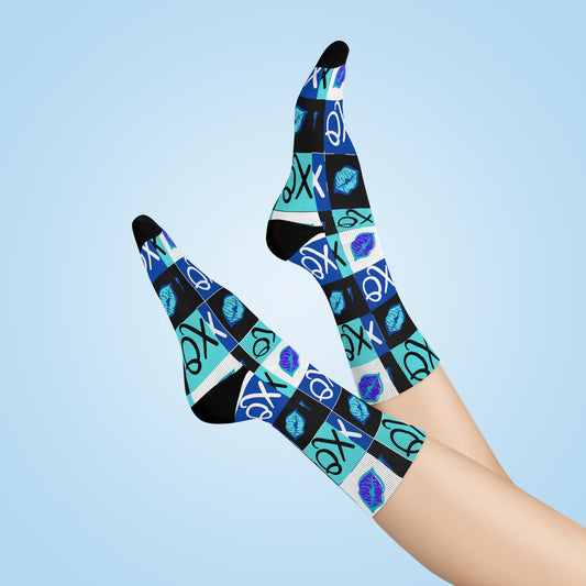 Hugs and Kisses Blue Sublimation Crew Socks